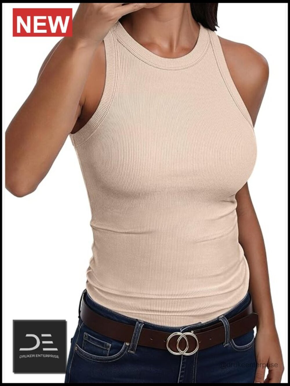 High Neck Racerback Ribbed Knit Tank Top - Slim Fit Sleeveless Summer Casual